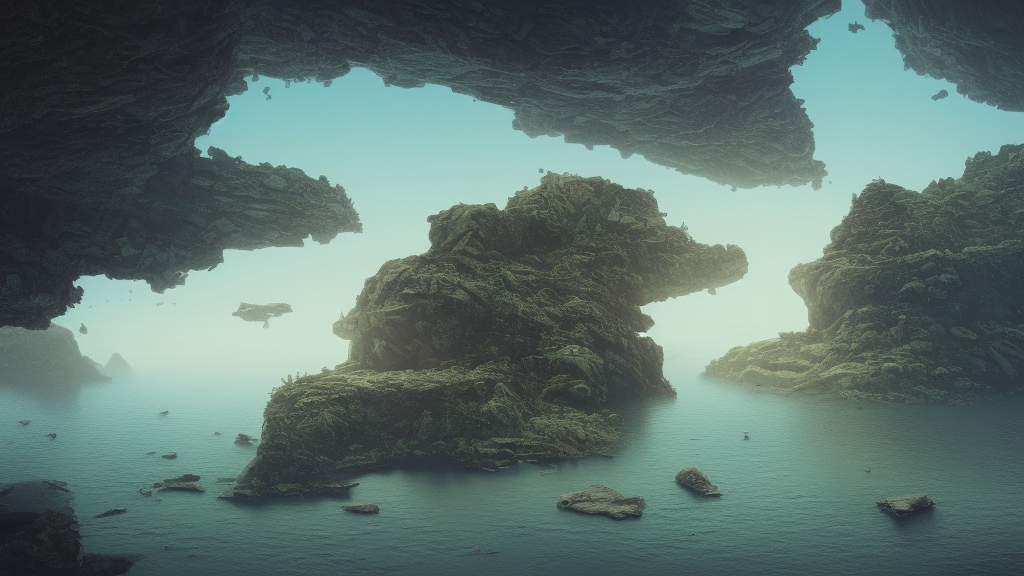artgem and Beeple masterpiece, hyperrealistic surrealism, scifi wide angle landscape, award winning masterpiece with incredible details, epic stunning, infinity pool, a surreal liminal space, highly detailed, trending on ArtStation, calming, meditative, surreal, sharp details, dreamscape, giant gold head statue ruins, crystal clear water