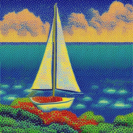 Pointillism style, yacht, sail, black sea, stars and romantic surroundings