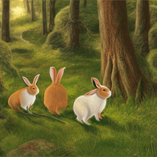 group of rabbits  living in harmon in the green forest, artwork