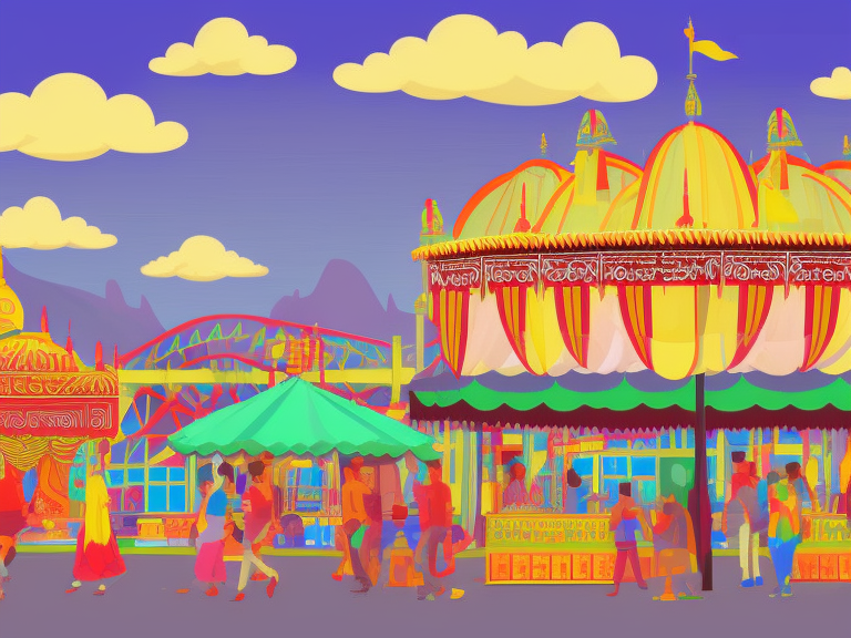empty indian mela scene, many stalls, many rides and roller-coaster behind in background, vector art , sunny bright sky, perspective, interesting
