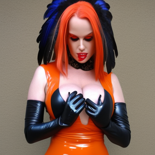Big bust witch in orange latex dress and gloves holding raven feather