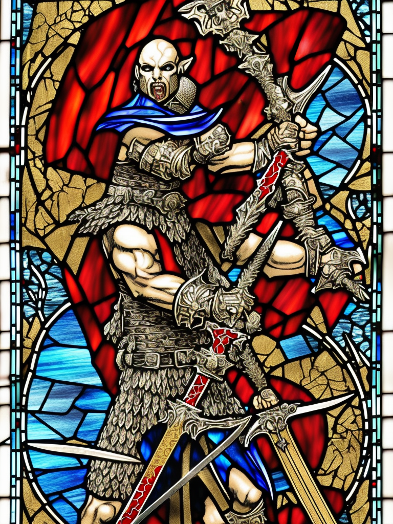 a young evil satanic triumphant gladiator holding a sword up, Warhammer fantasy, intricate stained glass, black and red, gold and blue, grim-dark, detailed, gritty