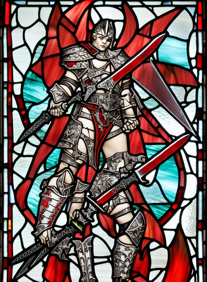 stained glass, a young aggressive evil demonic gladiator with a big demonic sword, Warhammer fantasy, Diablo, black and red, grim-dark, detailed