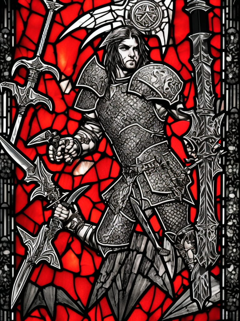 stained glass, a young aggressive evil demonic gladiator holding a big demonic sword, Warhammer fantasy, Diablo, intricate details, black and red, grim-dark, detailed