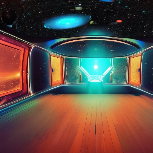 dj inside a club on a spaceship with windows showing the vast universe, stars everywhere, beautiful hyper reality