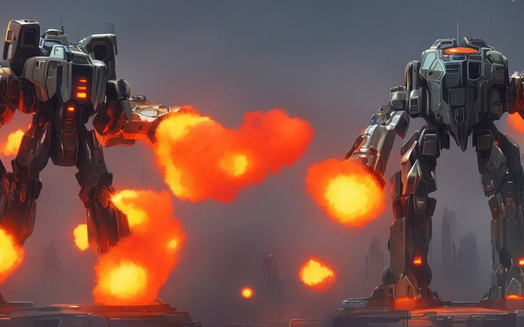 very realistic large battle mech firing missiles, tall futuristic city, second mech exploding and on fire with orange panels  

