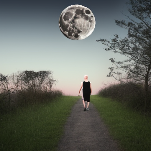 bald girl walking in front of big moon on horizon through graveyard path at night