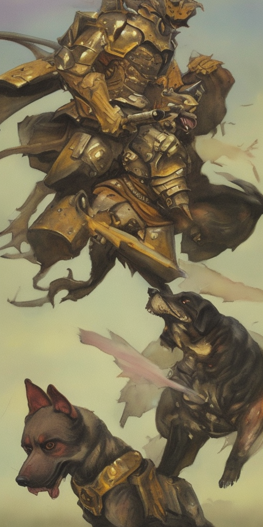 a painting of First thought: Zerberus, he could be a good dog, a dog that is sometimes a bit much, but a good dog, that's what he could be. Second thought: Damn tank, damn sword, damn culture of war - all the damn stuff that forces me to run around fully armored. Third thought: ZERRRRBERUS, he's one of us, like me, one of those guys who was handed a sword without being asked. Gap in thoughts: Panting Fourth thought: OOOO ZERRREBERUSSS, Hades, he's really just like us, he just acts tough and strong on the outside. Gap in thoughts: Panting, panting Fifth thought: Let's be honest: He doesn't really act like that anymore, he lets others act, he uses us as figures who play his strength and size without him having to show himself. Sixth thought: Oh Zerberus, the life of another, that's what our lives have in common. Oh Zerberus, dog, you are doomed to live in the world of another because of your nature. Dogs don't have their own cultural problems, they just carry the ones that are attached to them. Gap in thoughts: Stop briefly, pant twice and then keep running.