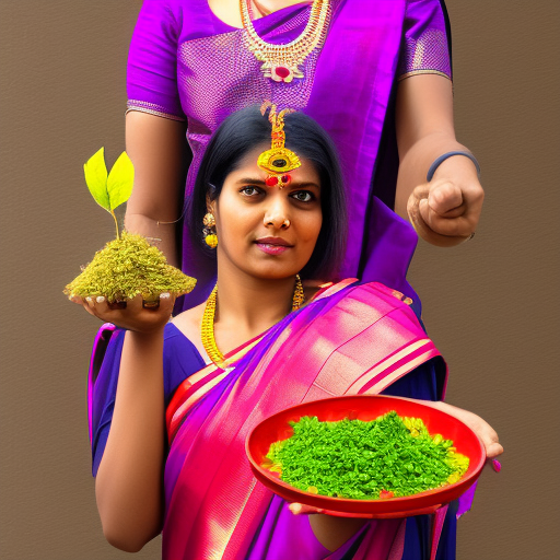 An Indian woman in saree holding puja thali, standing near Tulsi plant offering puja, Agarbatti, 4k, high resolution, Real-life