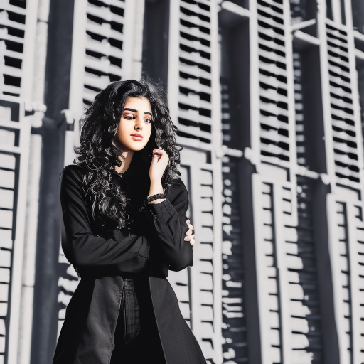 a girl of a beautiful arabic look, athletic, knee-high boots, wavy lustrous hair, full height, black shirt, black jeans, black trenchcoat, sky background, urban promenade