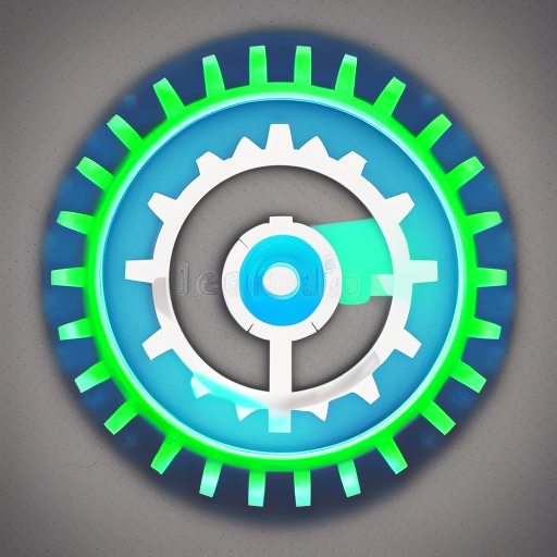  create a logo of a pc inside a gear, create it vectorized, work using the colors, blue, white and green, you can use a neon in the gear to highlight