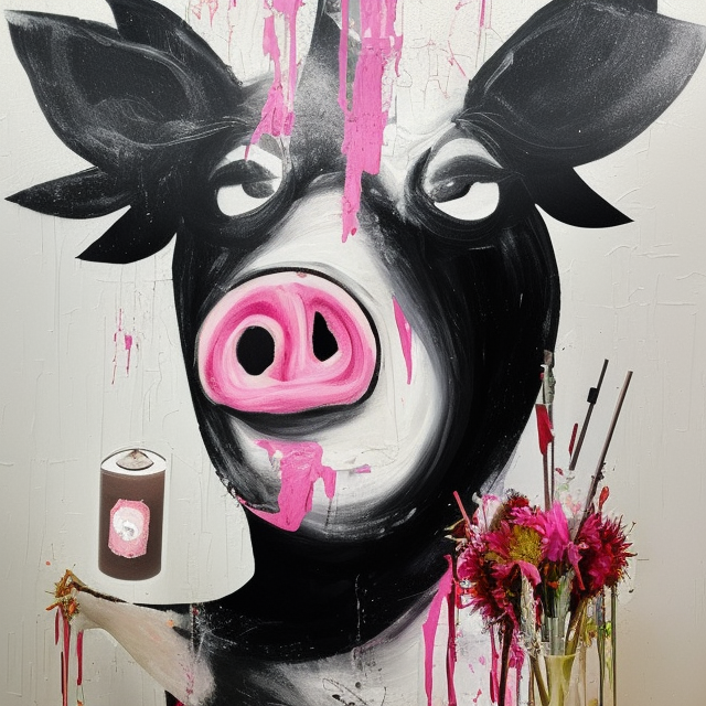 “ a portrait in a female art student ’ s apartment, sensual, a pig theme, art supplies, paint tubes, ikebana, herbs, a candle dripping white wax, black walls, squashed berries, berry juice drips, acrylic and spray paint and oilstick on canvas, surrealism, neoexpressionism ”