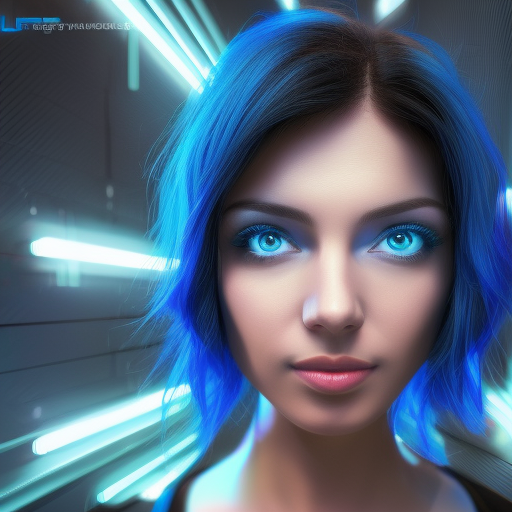 beautiful woman face with short black hair and blue eyes, neon, background with futuristic city, high quality, realistic, ureal engine, complementary colors, fantasy concept art, 8k resolution, hyperdetailed intricately detailed, colors Unreal Engine 5 detailed