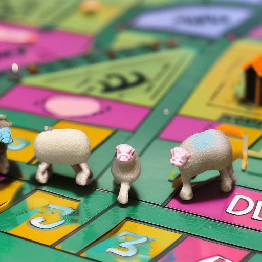 rainbow dyed sheep walking past green plastic houses from monopoly game 