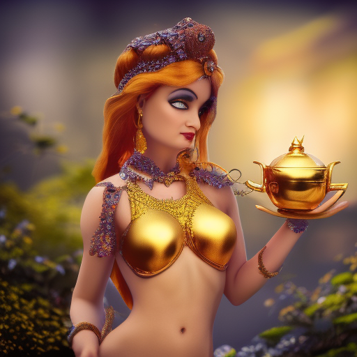 Realistic, high-quality, detailed, 8k, photorealistic, ultrarealistc, massive breasted, Female genie holding a itty-bitty golden magic teapot, stuning fantasy photograph, render of a female genie, beautiful photo of a fairytale, blue djinn, fantasy photography, beautiful genie girl, jinn