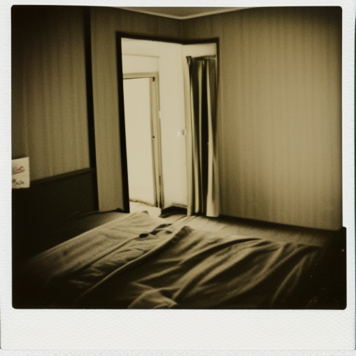 Polaroid run down motel room with dirty bed