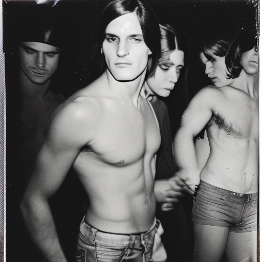 Joe Dallesandro at a basement party, early 70s, flash photography, polaroid