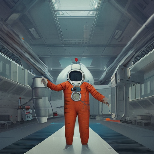 beautiful concept painting of man in pajamas, floating in zero gravity through a massive rocket hangar, lit from the side, moody, cinematic, artstation, wide shot, simon stalenhag