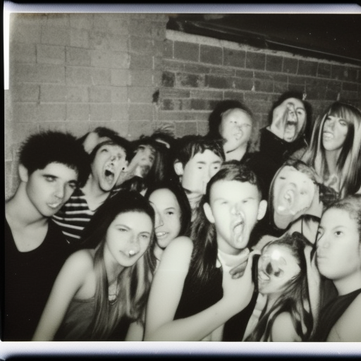 Polaroid photo of teenagers partying in abandoned warehouse 