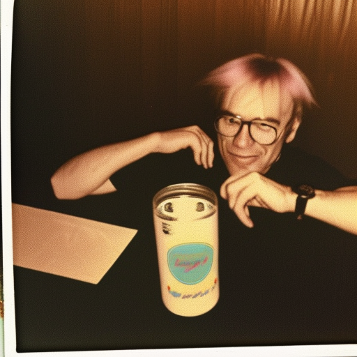 man drinking beer in a cheap hotel, style by 1970, Andy Warhol polaroid, film grain, subdued colors — no dramatic lighting