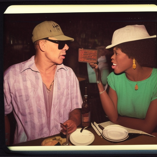 African American male resembling Hunter S. Thompson talking in restaurant with woman, vintage color polaroid photo by Warhol