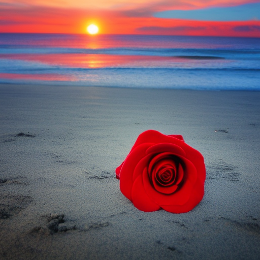 Red rose in a beautiful glas on a beach, in the background blue See with great waves an a mystical Sunset with rays