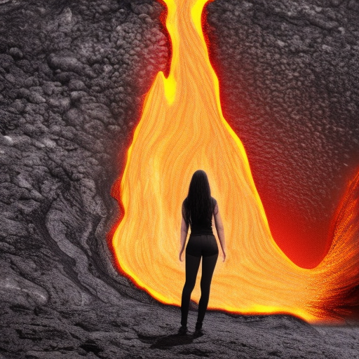 angel girl inside volcano, lava, photorealistic, low angle