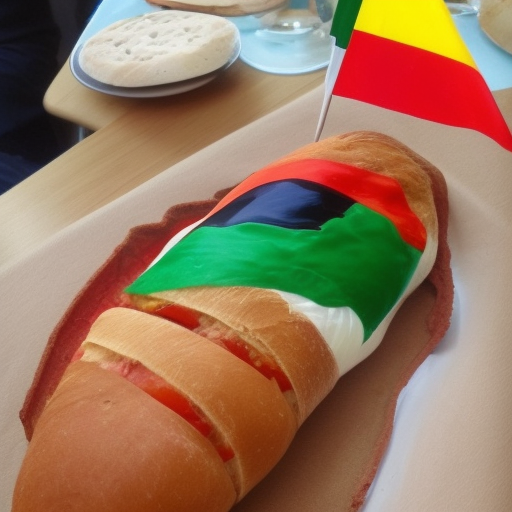 tomatoe with colors of italian flag + baguete with color of french flag + shark with colors of german flag