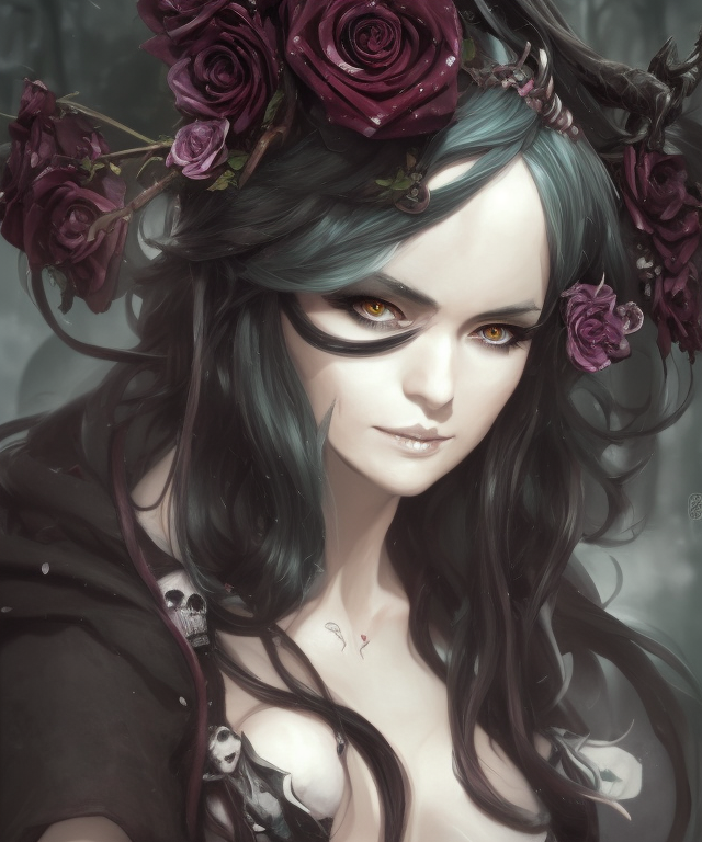beautifully dressed dark sorceress surrounded by black roses horns and skulls, cushart krenz, very detailed, realistic face, detailed face, matte, tonemapping, bbwchan, perfection, 4 k, cushart krenz