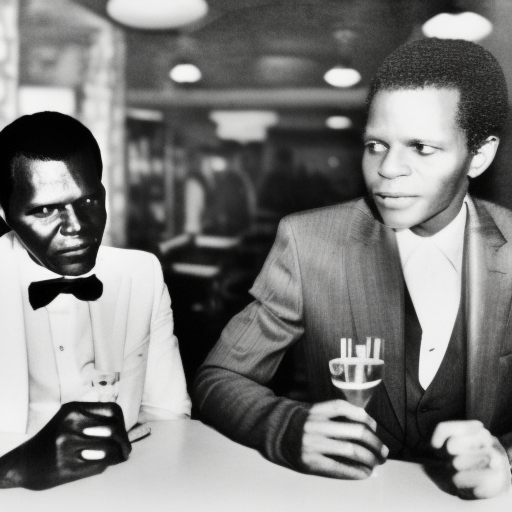  Two men, Sidney Poitier, in gray suit and Fritz Fanon, wearing a black suit, in a seaside bar In Kingston, Jamaica, vintage color polaroid, by Andy Warhol