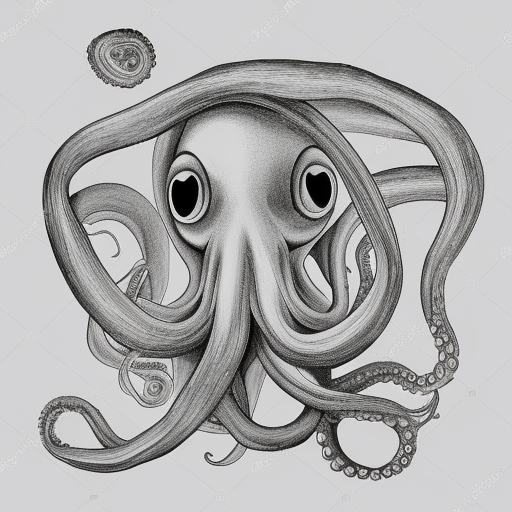 Tendrils of peas entangles with an octopus black and white pencil illustration high quality