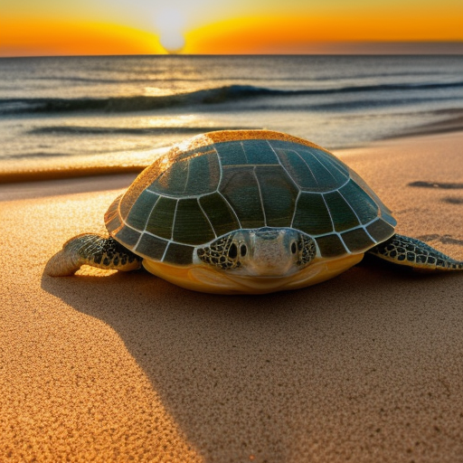 Create an image of a beautiful beach scene, with crystal clear water and white sand, including a big sea turle on the foreground, with a breathtaking sunset in the background. ultra-realistic, cinematic lighting 80mm lens, 8k, photography bokeh, oil painting