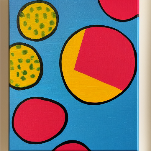 Acrylic painting with colorful and playful shapes that looks like a design lamp, lemons and tomatoes. Checkered patterns are combined with illustrations in shades of red, pink, blue and yellow. The original painting is painted on canvas, which can be reflected in the print. 4:3