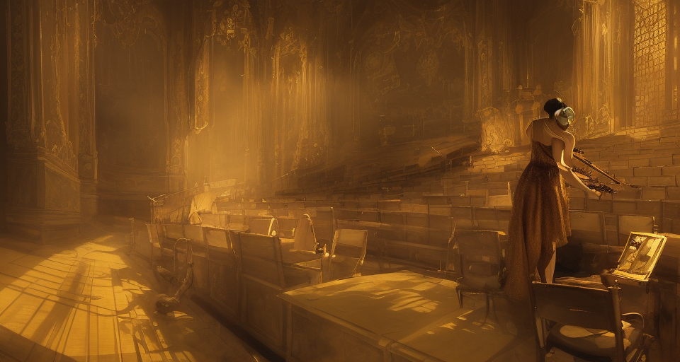 craig mullins and ghibli digital art of inside the theater, on the stage, masked female violinists, alone ， exotic costumes, gold jewelry, black hair, realistic shading, cinematic composition, realistic render, octane render, detailed textures, photorealistic, wide shot