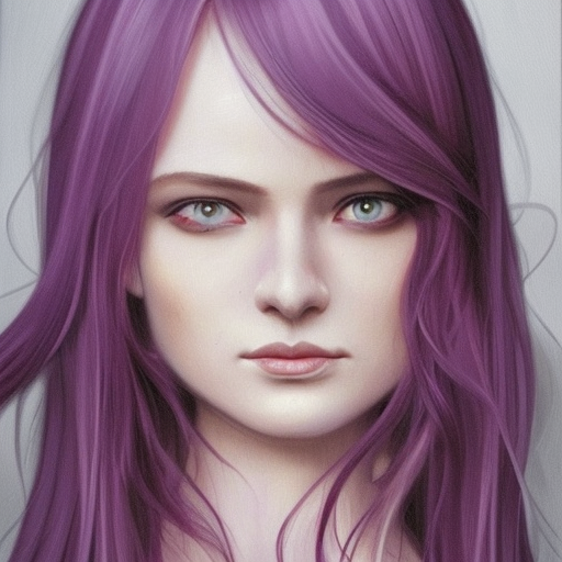 facial portrait of a young pretty woman, lewd, mysterious, long fine purple hair, delicate, looking at camera!!!, slightly awkward smile!, realistic face, no hands visible, intricate, stylish, elegant, grimdark fantasy, vibrant, extremely detailed painting by Greg Rutkowski and Steve Henderson and Harumi Hironaka ultra-realistic portrait cinematic lighting 80mm lens, 8k, photography bokeh
