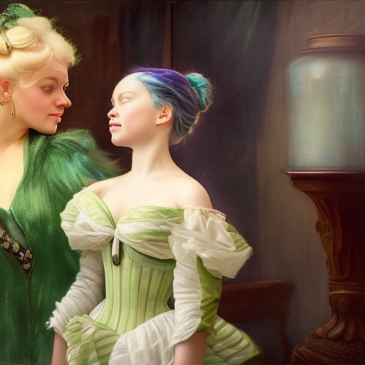 Greta Thunberg with Green hair flirting with her attractive mistress. the mistress is also flirting back, the mistress is not wearing clothes highly detailed painting by gaston bussiere, craig mullins, j. c. leyendecker oil painting on canvas ultra-realistic portrait cinematic lighting 80mm lens, 8k, photography bokeh