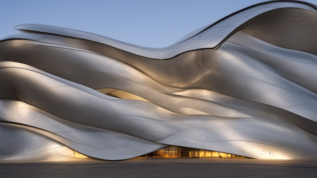 extremely elegant smooth detailed stunning sophisticated beautiful elegant futuristic museum exterior by Zaha Hadid, smooth curvilinear design, stunning volumetric light, stainless steel, concrete, translucent material, beautiful sunset, tail lights