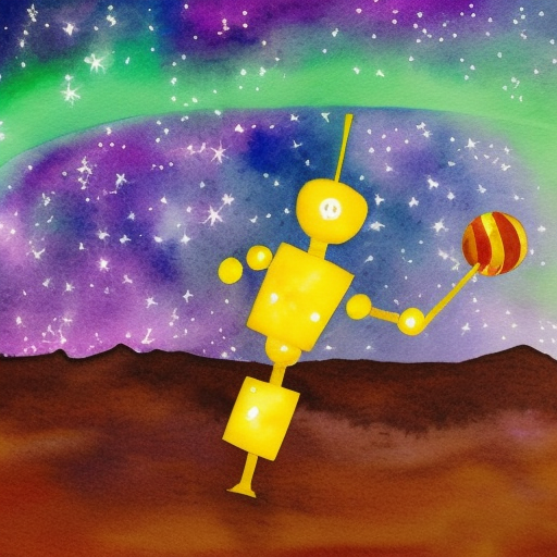 Abstract and watercolor art of a lonely robot holding a balloon playing basketball galaxy trail sultan sun sea northern lights