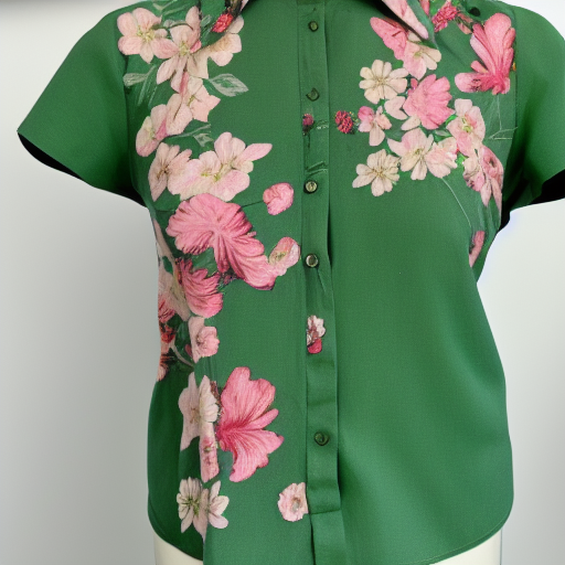|[short sleeve]| |[green]| |[blouse]| |[vintage style]| with a |[floral design]| worn by a store  mannequin, |[natural daylight]| 8k, clean, high quality  photoshoot, fashion