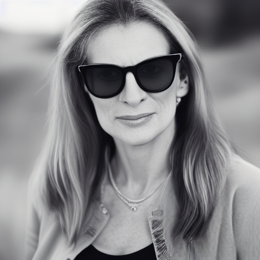 photo of a 47-year old attractive white woman wearing raybans in the style of Annie Leibovitz, realistic, professionally, professionally color graded, half body shot, sharp focus, 8k high definition, intricate, elegant, extreme bokeh, 