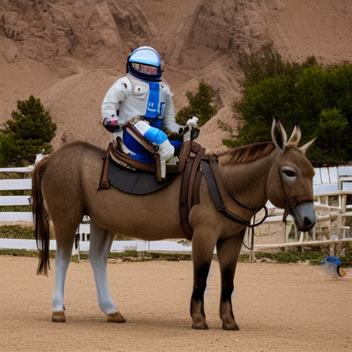 a donkey sat, saddled, on horseback, an astronaut and rides him into space, mountain backdrop