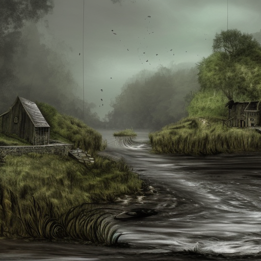 dark medieval big river, rocky rapids, two water levels, lock with two sluices between island and shore, Warhammer fantasy, house, rocks, summer, trees, nets, fishing, black adder, muddy, misty, overcast, Dark, creepy, grim-dark, gritty, hyperdetailed, realistic, illustration, high definition