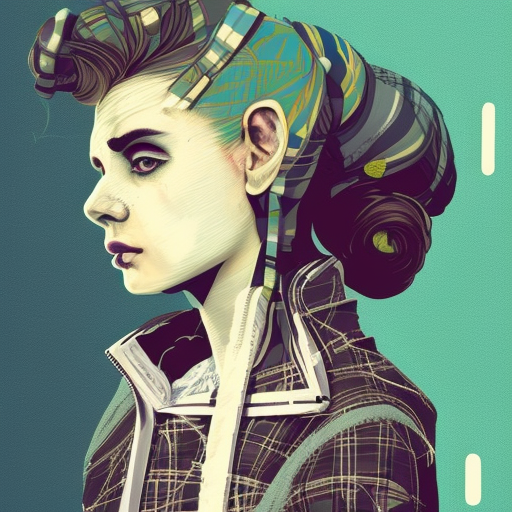 highly detailed portrait of a sewer punk lady, tartan hoody, blonde ringlet hair by atey ghailan, by Eduardo Paolozzi, by Bastien Grivet, by Agnes Cecile, by Joshua Middleton, by Charlie Bowater, gradient blue, black, blonde cream and white color scheme, grunge aesthetic graffiti tag wall background