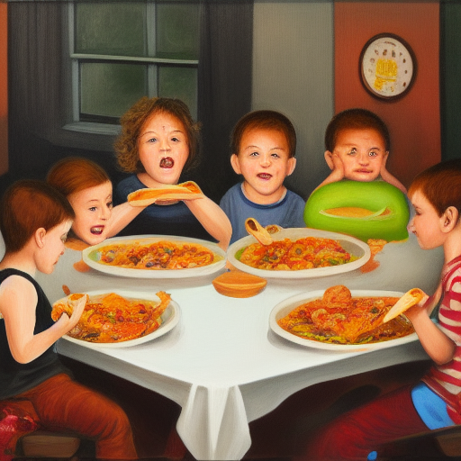 20 hungry children eating at dinner painting