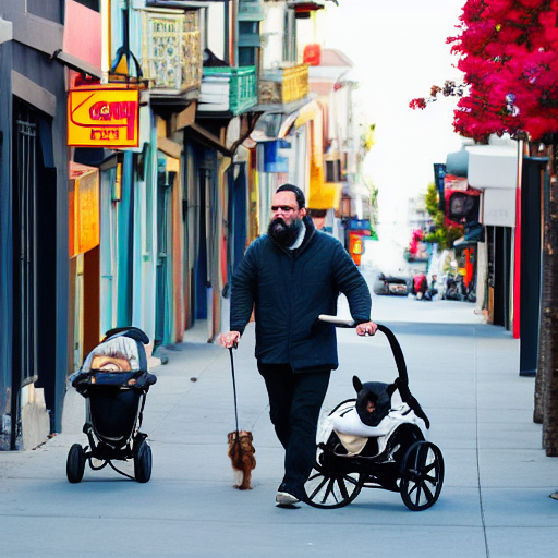 a guy with a beard walking a stroller and a little dog in north beach