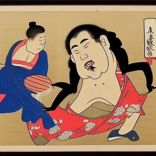 a middle-aged asian father dunking a ball Ukiyo-e Japanese woodblock