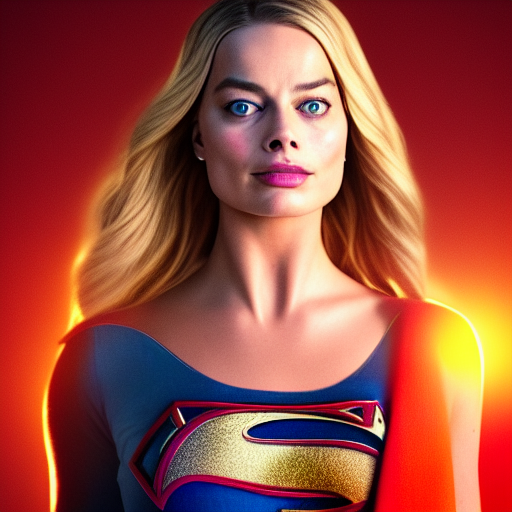 Margot Robbie as Supergirl, 8k full HD photo, cinematic lighting, anatomically correct, oscar award winning, action filled, correct eye placement