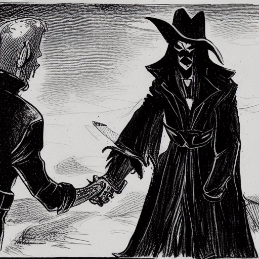 A shadowy outlaw making a deal with an eldritch creature