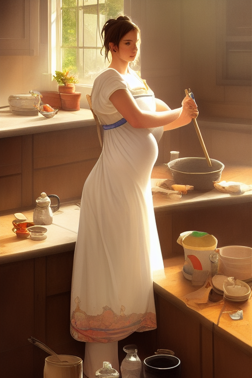 portrait of rural pregnant woman cleaning dirty kitchen, digital painting, artstation, concept art, smooth, sharp focus, illustration, art by artgerm and greg rutkowski and alphonse mucha