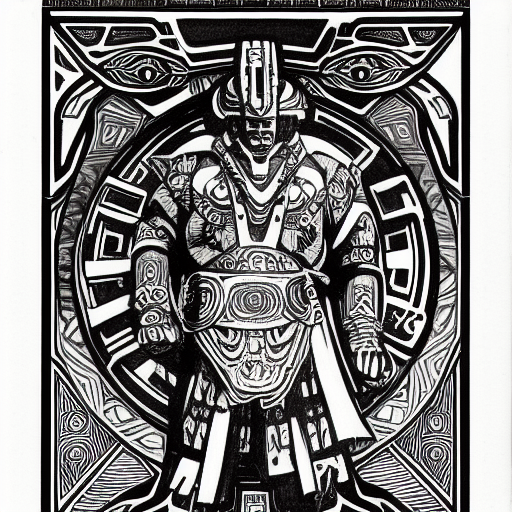 aztec power armor, by alphonse mucha black and white pencil illustration high quality